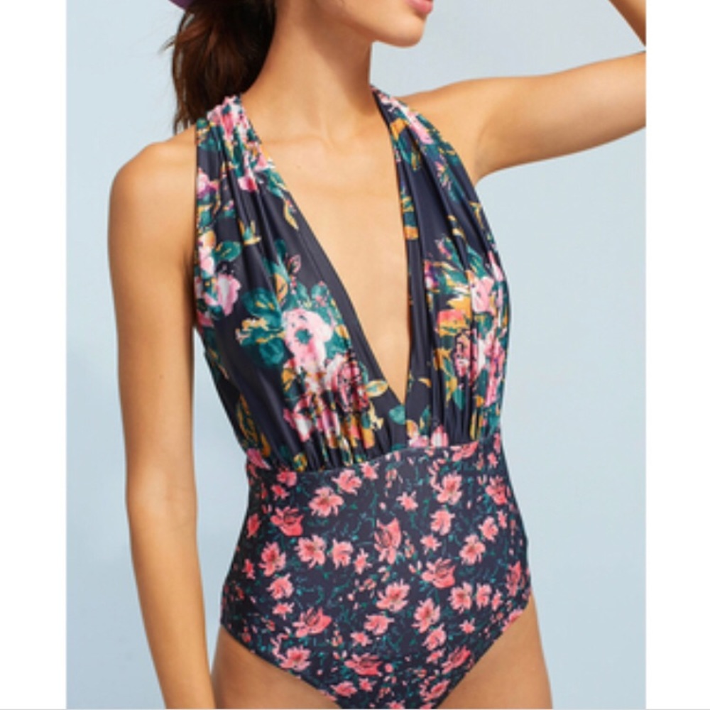Anthropologie Floral Printed Deep V Swimsuit